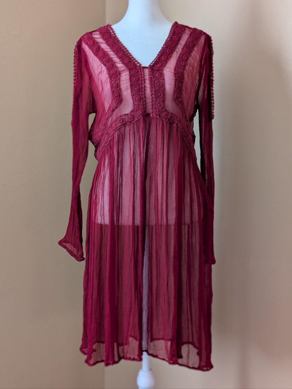 Sundance Maroon Sheer Gauze Crochet Trim Split Sleeve Tunic Midi Dress 12P M